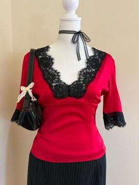 Vintage Y2K silk lace blouse top vamp goth moda international red black 90s S